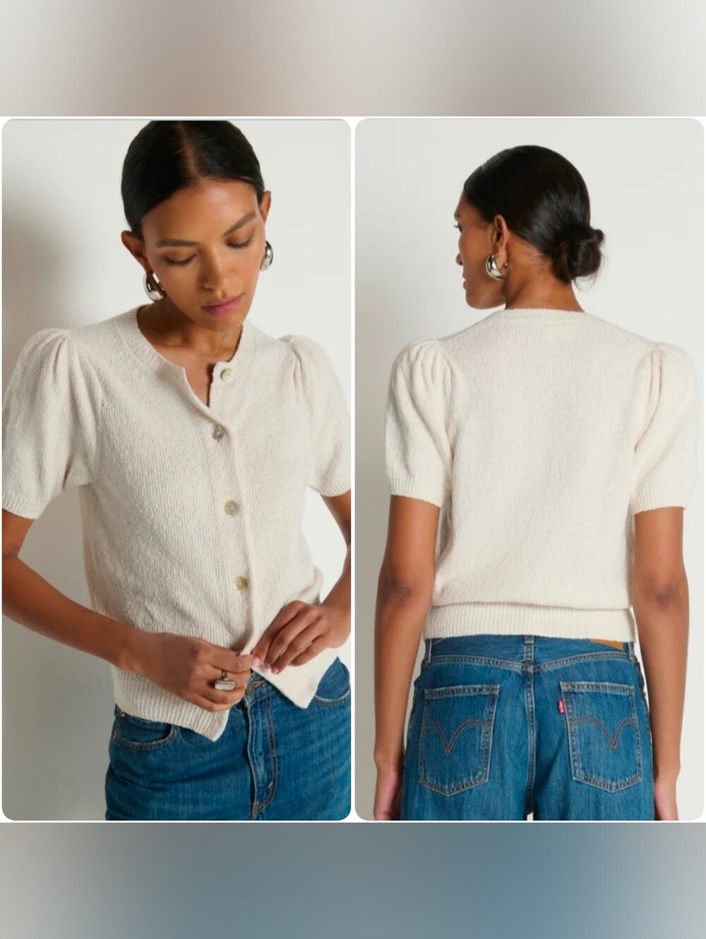 Nation LTD Anne Marie Ivory Cardigan Sweater M Pima Cotton Cropped Puff Sleeve